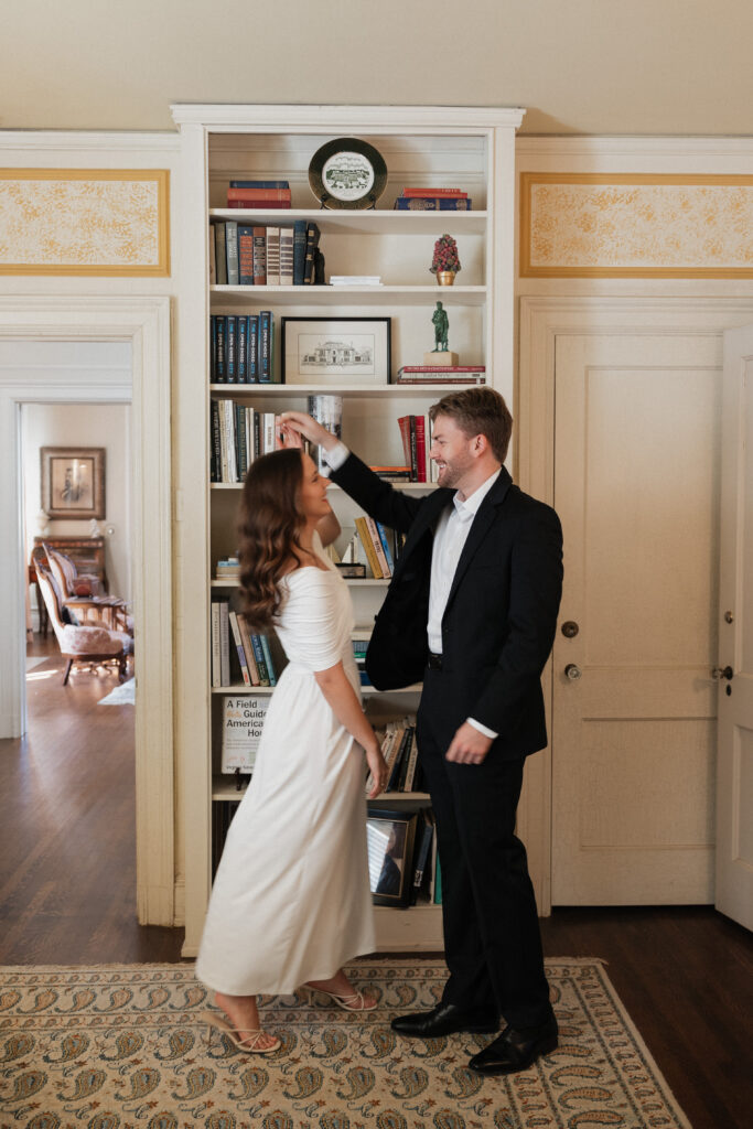 Timeless indoor engagement portrait in Dallas historic home